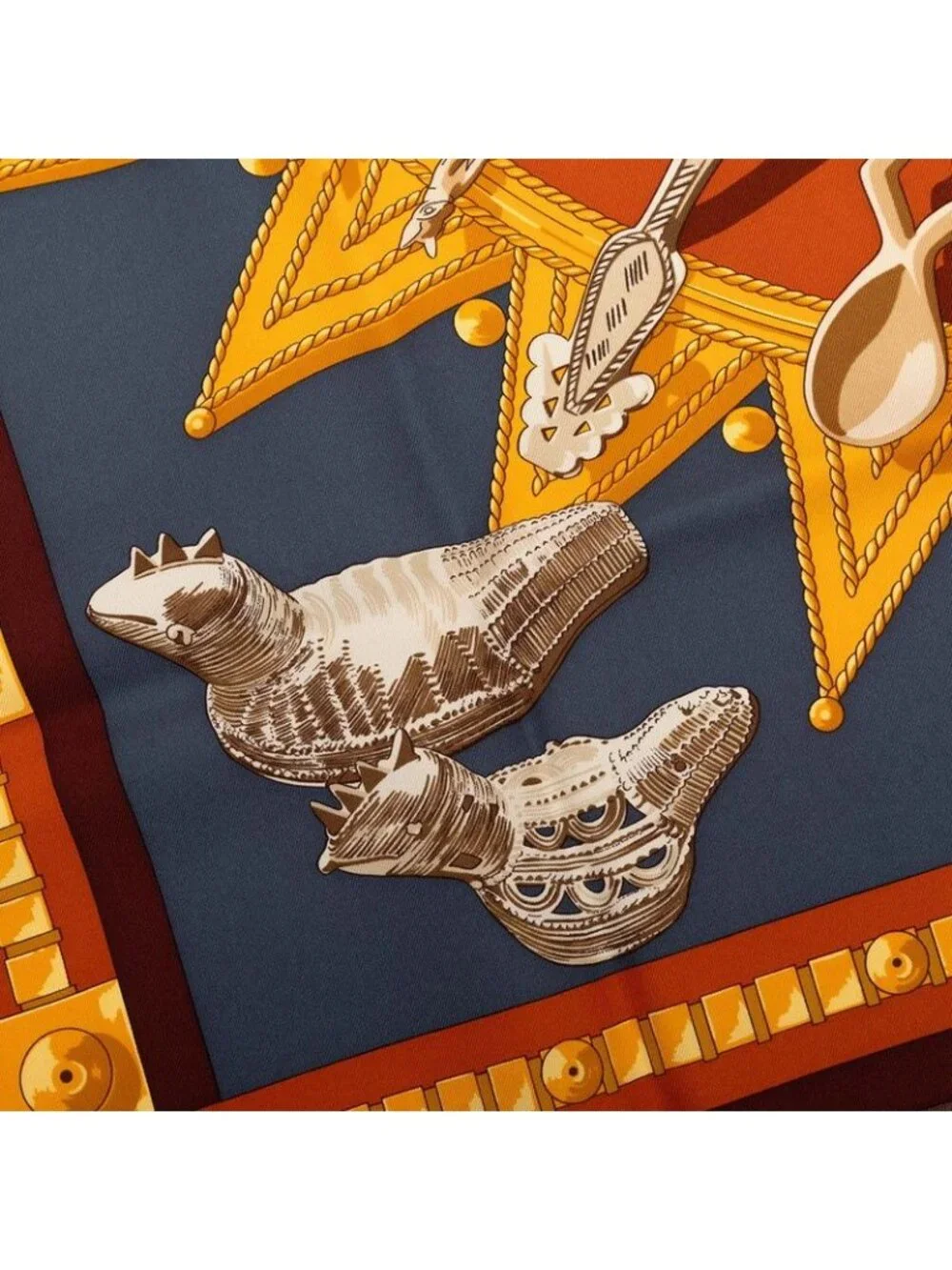 Hermes Carre 90 Cuillers D'afrique African Spoon Scarf Brown Multicolor Silk